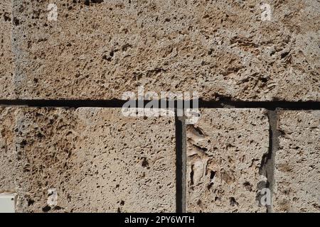 Strukturierte Wand mit beigefarbenen Muschelsteinfliesen. Nahaufnahme einer Mauer aus uraltem Muschelgestein. Löcher, Unregelmäßigkeiten an natürlichen Baustoffen. Kirchenmauer in Banja Koviljaca, Serbien Stockfoto