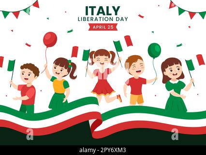 Illustration des italienischen Befreiungstages mit Kindern, Feiertagsfeier am 25. April und Wave Flag Italian in flachem Cartoon, handgezeichnet für Landing-Page-Vorlagen Stockfoto