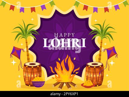 Happy Lohri Festival of Punjab India Illustration mit Dance and Celebration Bonfire in Flat Cartoon handgezeichnet für Landing Page Templates Stockfoto