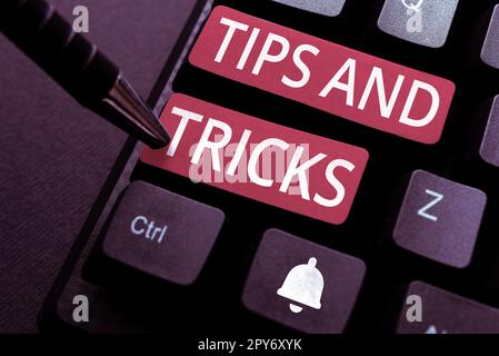 Konzeptionelle Beschriftung Tipps und Tricks. Wort für hilfreiche Ratschläge, die bestimmte Aktionen einfacher machen Stockfoto