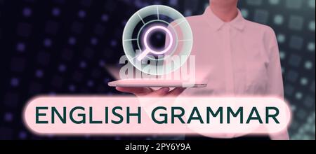 Inspiration mit Zeichen für englische Grammatik. Die Kurse zum Geschäftsansatz decken alle Ebenen der englischen Sprache und des Schreibens ab Stockfoto