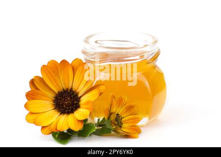 Honig und Blumen auf weißem Hintergrund Stockfoto