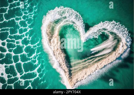 Luftaufnahme einer herzförmigen Spur auf dem türkisblauen Meer. Stockfoto