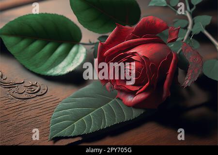 Nahaufnahme von roter Rose und Blättern auf dem Tisch Stockfoto