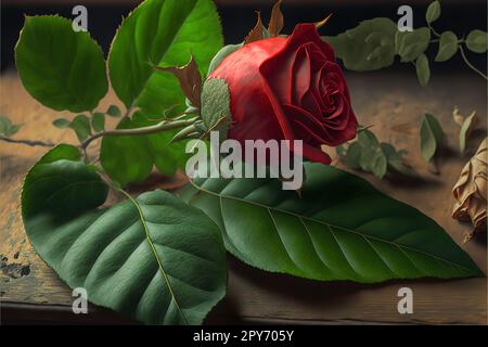 Nahaufnahme von roter Rose und Blättern auf dem Tisch Stockfoto