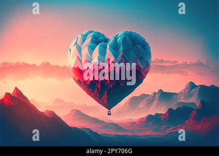 Wunderschöner roter Luftballon in Herzform mit Blick auf die Berge Stockfoto