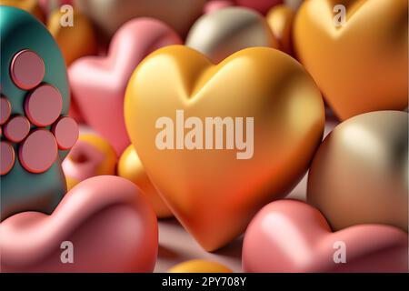 Mehrfarbiger Herzhintergrund. Valentinstag-Tapete mit rosafarbenen, orangefarbenen und goldenen Liebesherzen. 3D-Rendern. Stockfoto