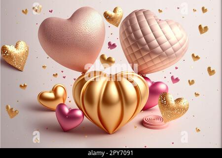 Romantische kreative Komposition. Alles gute zum Valentinstag. Realistische 3D festliche Dekorationsgegenstände, herzförmige Ballons und XO-Symbol, herunterfallende Geschenkbox, Stockfoto