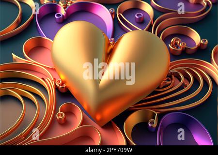 Mehrfarbiger Herzhintergrund. Valentinstag-Tapete mit rosafarbenen, orangefarbenen und goldenen Liebesherzen. 3D-Rendern. Stockfoto