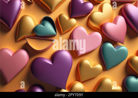 Mehrfarbiger Herzhintergrund. Valentinstag-Tapete mit rosafarbenen, orangefarbenen und goldenen Liebesherzen. 3D-Rendern. Stockfoto