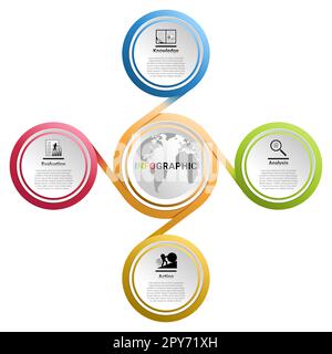 vektor-Infografik eines Kreises. Fünf Teile umkreisen Grunddesigns mit dem Globussymbol in der Mitte. Und es gibt auch Teile, die den äußeren Kreis verbinden Stock Vektor