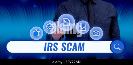 Textunterschrift mit IRS Scam. Wort für gezielte Steuerzahler, indem er vorgibt, Internal Revenue Service zu sein Stockfoto