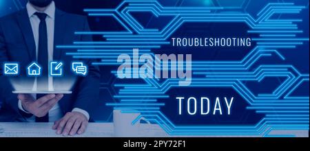 Schild zeigt Fehlerbehebung an. Geschäftsüberblick eine Untersuchung oder Behandlung der Probleme ist aufgetreten Stockfoto