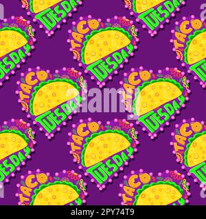 Taco Digitalpapier. Taco Dienstag. Helle Aufdrucke der mexikanischen Küche. Nahtloses Muster Stockfoto