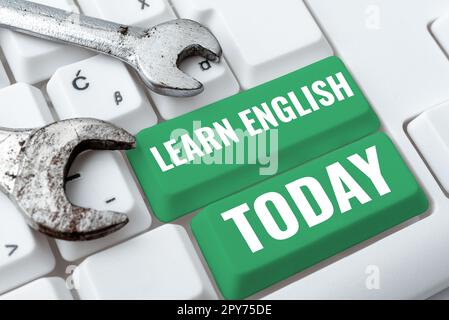 Text mit Inspiration Erfahren Sie heute Englisch. Konzeptionelle Fotografien Erlernen oder Erlernen von Englischkenntnissen und -Fertigkeiten Stockfoto