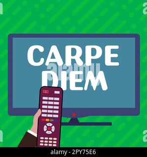 Text wird angezeigt Carpe Diem. Konzeptfoto-Festival, auf dem Menschen Musik und Tanz spielen Stockfoto