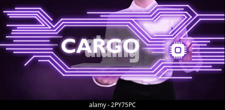 Textbeschriftung mit Fracht. Konzeptfoto die Ware, die in einem Schiffsflugzeug und Fahrzeug befördert wird Stockfoto
