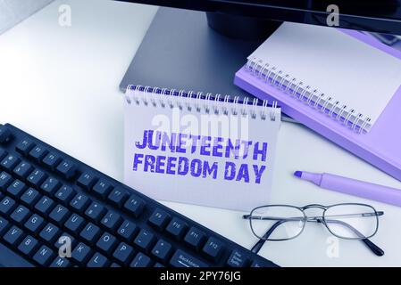 Konzeptionelle Darstellung am Juneteenth Freedom Day. Wort für gesetzlichen Feiertag in den Vereinigten Staaten zum Gedenken an das Ende der Sklaverei Stockfoto