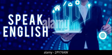 Die vorgestellte Textunterschrift spricht Englisch. Business Showcase Studieren Sie eine andere Fremdsprache Online-verbale Kurse Stockfoto