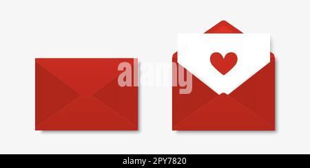Vektor realistisches Rot Geschlossen, geöffneter Umschlag mit Buchstaben und Herz. Symbol für gefaltete und abgewickelte Hülle Großaufnahme isoliert. Nachricht, Valentinstag Stockfoto