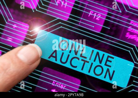 Konzeptdarstellung Online-Auktion. Geschäftsansatz Prozess des Kaufs und Verkaufs von Waren oder Dienstleistungen online Stockfoto
