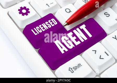 Unterschreiben Sie, dass der lizenzierte Agent angezeigt wird. Geschäftsansatz autorisierter und akkreditierter Verkäufer von Versicherungspolicen Stockfoto