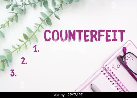 Textbeschriftung mit Fälschung. Ein Konzeptfoto, das in der Imitation von etwas anderem gemacht wurde, um zu täuschen Stockfoto