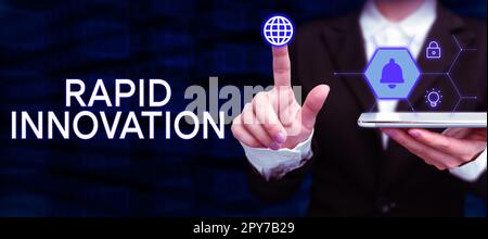Textunterschrift für schnelle Innovationen. Geschäftsidee, die charakteristisch für eine Website ist, die Suchmaschinenalgorithmen verwendet Stockfoto