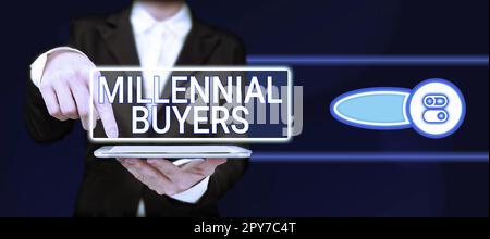 Schreiben mit Text Millennial Buyers. Geschäftsansatz Art der Verbraucher, die an Trendanalysen für Produkte interessiert sind Stockfoto