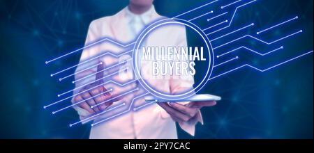 Schreiben mit Text Millennial Buyers. Konzeptfoto Typ der Verbraucher, die an Trendprodukten interessiert sind Stockfoto
