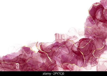 Abstrakte Vorlage mit Alkoholtinte Art auf weißem Hintergrund. Goldener Glitzer auf violetten Wellen Stockfoto