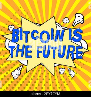 Das Schreiben mit der Anzeige von Text Bitcoin ist die Zukunft. Unternehmensübersicht Digitaler Markt, auf dem Händler Bitcoins kaufen und verkaufen können Stockfoto