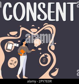 Textsymbol mit Einverständnis. Internet-Konzept allgemeine Vereinbarung über bestimmte Ereignisse oder Aktionen Stockfoto