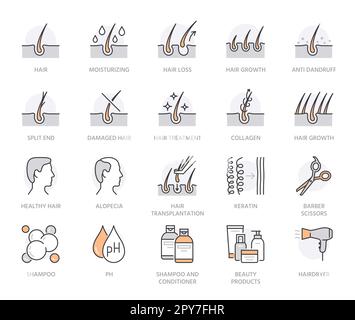 Haarausfall Behandlung flache Linie Symbole gesetzt. Shampoo ph, Schuppen, Haarwachstum, Keratin, Conditioner Flasche Vektor-Illustrationen. Skizzieren Sie Zeichen für Schönheit Stock Vektor