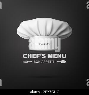 Vector-Banner mit 3D realistischen, weißen Kochmütze, Toque auf schwarzem Hintergrund. Cook, Baker Chef Cap Designvorlage. Bäckerei, Restaurant, Küchenuniform. Stockfoto