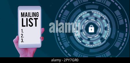 Unterschreiben Sie mit der Anzeige der Verteilerliste. Konzeptionelle Fotoliste von Personen, die eine periodische Mailing-Verteilung abonnieren Stockfoto