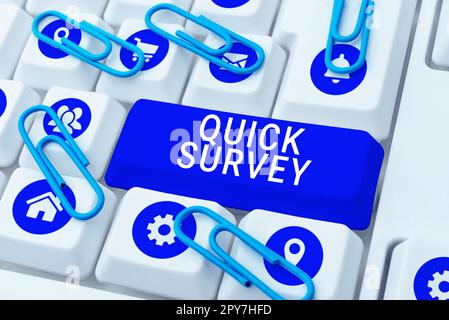 Textschild mit Quick Survey. Konzeptionelles Foto Führen Sie eine schnelle Überprüfung der Zustandswertsituation von etwas durch Stockfoto
