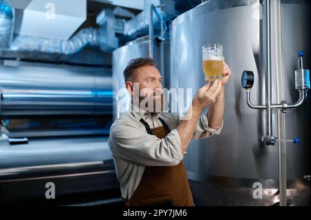 Ein Brauereiarbeiter, der sich frisch zubereitetes Bier in einem Glasbecher ansah Stockfoto