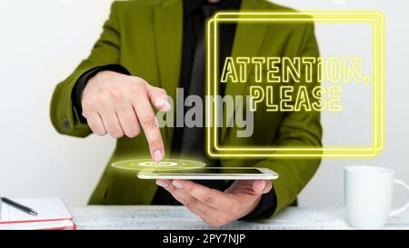 Text mit „Inspiration Attention“, bitte. Geschäftsinitiative, wie man sich anzieht, wenn es etwas zu verkünden gibt Stockfoto