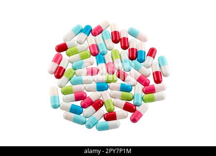 Bunte Pillen isoliert auf weißem Hintergrund mit Schnittweg Stockfoto