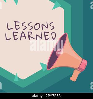 Inspiration mit Zeichen Lektionen Gelernte Lektionen. Wort für „fördern“, „Wissen, das aus Erfahrungen gewonnen wurde, weitergeben und nutzen“ Stockfoto