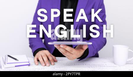 Die konzeptionelle Darstellung spricht Englisch. Word für Studium einer anderen Fremdsprache Online-verbale Kurse Stockfoto