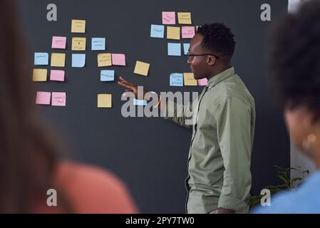 Lassen Sie uns hier über diese Idee sprechen. Ein Team junger Geschäftsleute, das ein Brainstorming in einem modernen Büro durchführt. Stockfoto