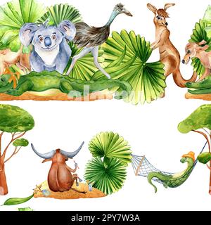 Nahtloses Muster von Cartoon-Tieren, auf Weiß isolierte Aquarelle. Süßer Koala, emu, Känguru, Bullon-Sommerruhe, handgezeichnet. Entwurfselement für Druck, Stockfoto