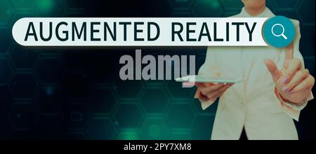 Schild mit Augmented Reality. Business Showcase-Technologie, die Computerbilder in der realen Welt aufzwingt Stockfoto