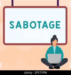 Textzeichen mit Sabotage. Konzeptionelle Fotovernichtung von Werkzeugen und Materialien eines Arbeitgebers durch Arbeitnehmer Stockfoto