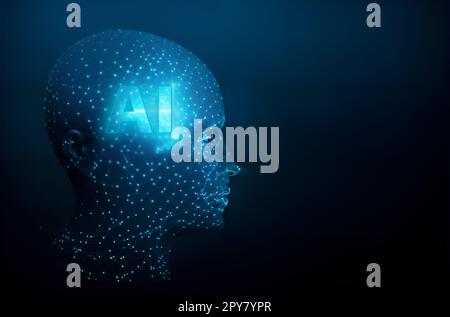Eine Illustration, die das Konzept der künstlichen Intelligenz, des digitalen Gehirns der künstlichen Intelligenz, der Robotik und eines menschlichen Gesichts aus Polygonen darstellt. Stockfoto