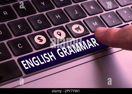 Inspiration mit Zeichen für englische Grammatik. Word für Kurse decken alle Ebenen des englischen Sprech- und Schreibens ab Stockfoto