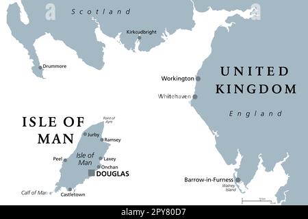 Isle of man, auch bekannt als Mann, graue politische Karte. Eine Inselnation und die Abhängigkeit der britischen Krone in der Irischen See zwischen Großbritannien und Irland. Stockfoto