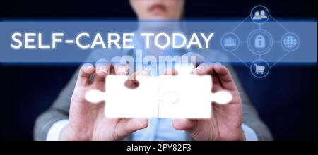 Textüberschrift Presenting Self Care Today. Wort für die Praxis, Maßnahmen zu ergreifen, um die eigene Gesundheit zu verbessern Stockfoto